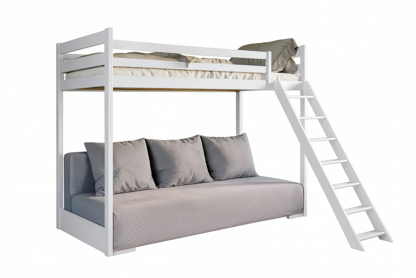 Deine Möbel 24 Etagenbett Jugendbett Couch SIDNEY 90x200/140x200 mit Schlaffunktion (Set, 3-St., Couch in Cord Samt inkl 3 großee Kissen, Weiss Kiefer Natur Grau Beige), Funktionsbett aus Kiefernholz Vollholz inkl. Leiter Lattenrost von Deine Möbel 24