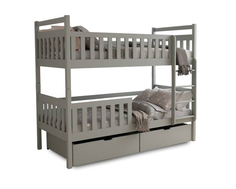 Deine Möbel 24 Etagenbett MICO für 2 Kinder 90x200 GRAU Hochbett Kinderbett aus Massivholz (Matratzen optional, Bett mit Lattenrost, 2 Schubladen, Leiter und Rausfallschutz), aus Vollholz Kiefernholz, in 2 Einzelbetten umbaubar von Deine Möbel 24