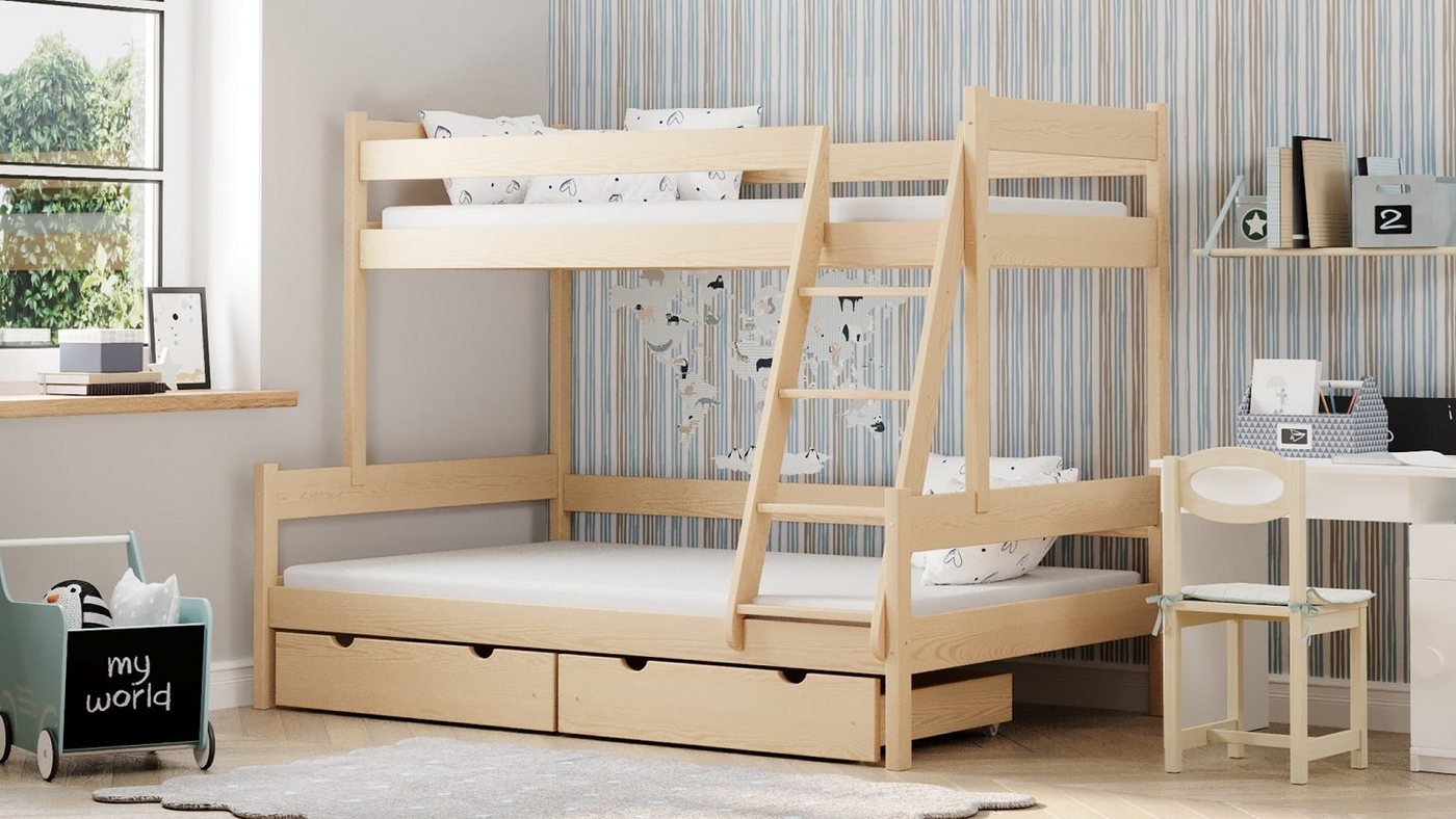 Deine Möbel 24 Etagenbett NIKO aus Massivholz 90x200 120x200 cm (Hochbett Kinderbett aus Vollholz / Kiefernholz in Weiß / Kiefer), Komplettbett, wahlweise mit Matratzen von Deine Möbel 24