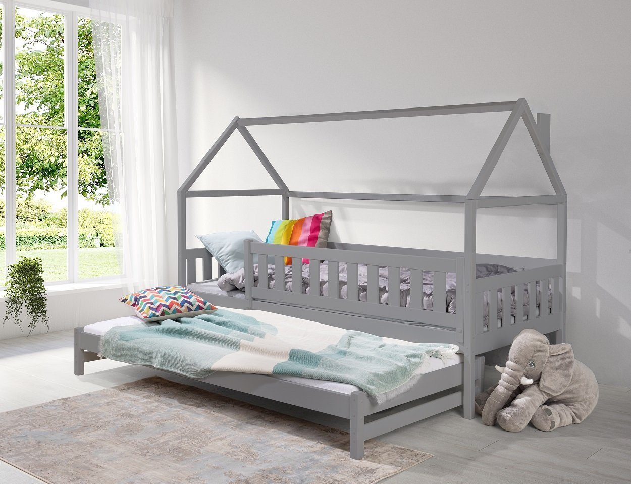 Deine Möbel 24 Hausbett Hausbett Kinderbett Ausziehbett Funktionsbett ELLA für 2 Kinder, 80 x180 90x200, inkl. Lattenrost, aus Massivholz Kiefernholz von Deine Möbel 24