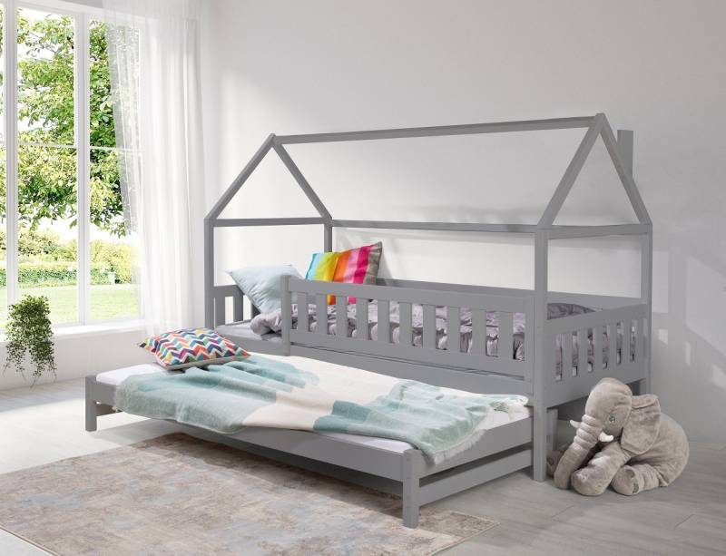 Deine Möbel 24 Hausbett Hausbett Kinderbett Ausziehbett Funktionsbett ELLA für 2 Kinder, 80 x180 90x200, inkl. Lattenrost, aus Massivholz Kiefernholz von Deine Möbel 24