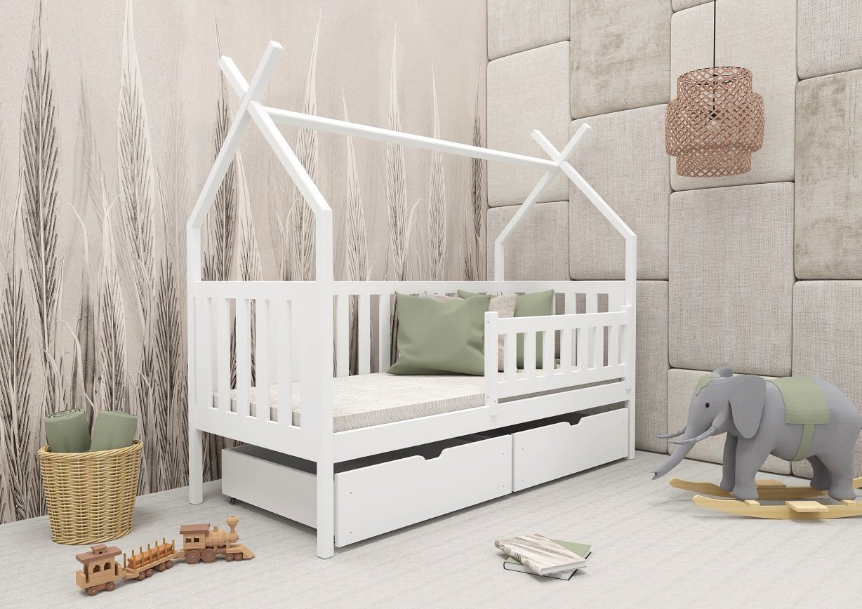 Deine Möbel 24 Hausbett Hausbett Tipi Bett Kinderbett ALICE mit Schubladen (inkl. Rausfallschutz links / rechts montierbar, abnehmbar, inkl. Lattenrost), inkl. Schutzgitter, aus Massivholz Kiefernholz Vollholz von Deine Möbel 24