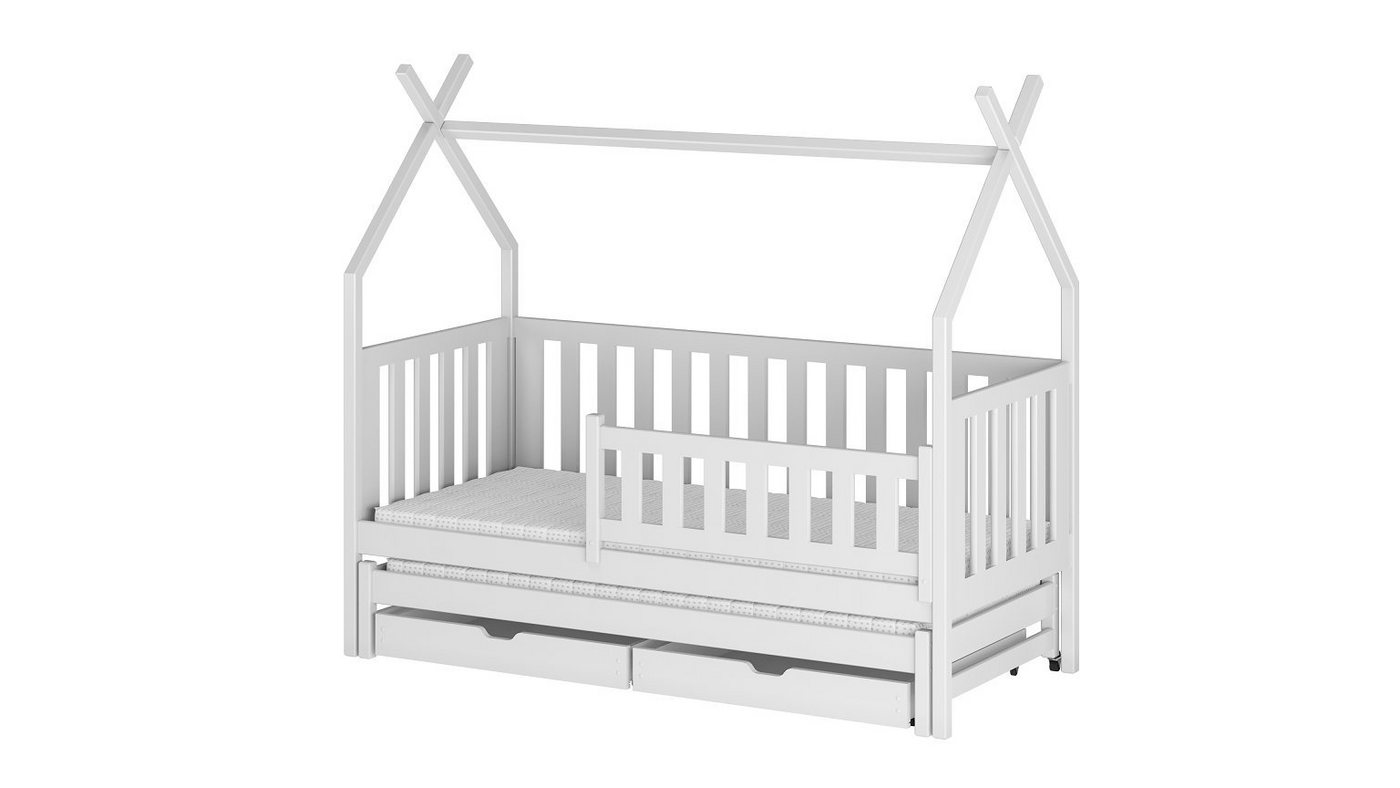 Deine Möbel 24 Hausbett Hausbett Tipi Bett Kinderbett Ausziehbett für 2 Kinder ALICE PLUS (aus Massivholz Vollholz Kiefernholz, inkl. Lattenrost, inkl. Schutzgitter (links / rechts montierbar), inkl. Schubladen und Rausfallschutz von Deine Möbel 24