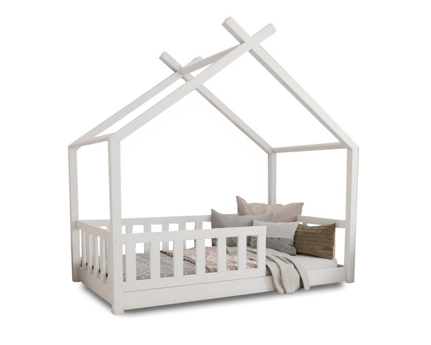 Deine Möbel 24 Hausbett Kinderbett STAR PLUS für 1 Kind Weiß Grau Kiefer Natur Beige Rosa (80x180 90x200 120x200 140x200 Bett für Kinder Komplettbett mit abnehmbarem Rausfallschutz Schutzgitter, 2-tlg., Matratze optional), inkl. Lattenrost von Deine Möbel 24