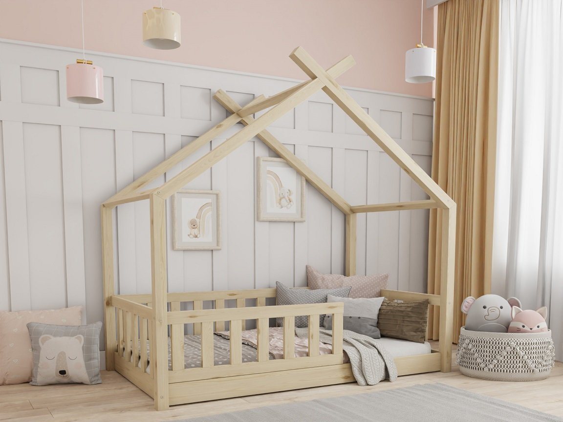 Deine Möbel 24 Hausbett Kinderbett STAR PLUS für 1 Kind Weiß Grau Kiefer Natur (80x180 90x200 120x200 140x200 Bett für Kinder Komplettbett mit abnehmbarem Rausfallschutz Schutzgitter, Matratze optional), aus Kiefernholz Vollholz Massivholz, inkl. Lattenrost von Deine Möbel 24