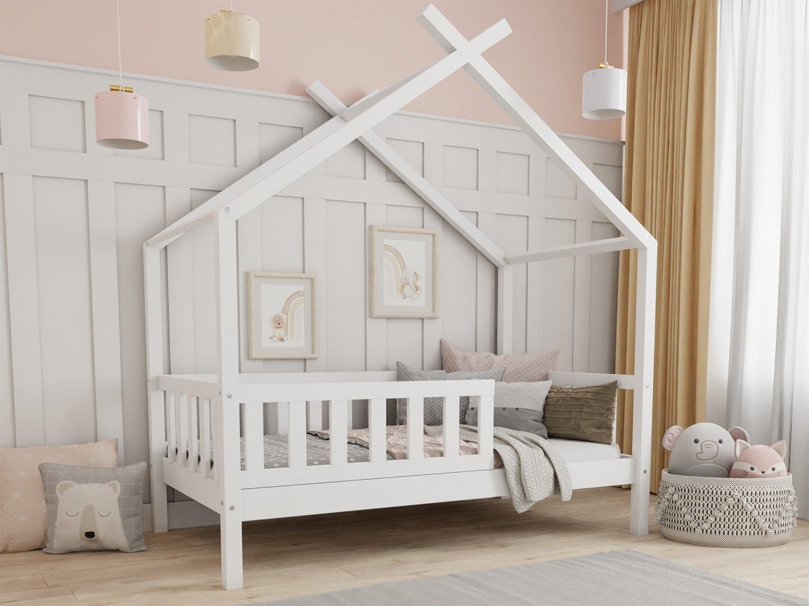 Deine Möbel 24 Hausbett Kinderbett STAR PLUS für 1 Kind Weiß Grau Kiefer Natur (80x180 90x200 120x200 140x200 Bett für Kinder Komplettbett mit abnehmbarem Rausfallschutz Schutzgitter, Matratze optional), aus Kiefernholz Vollholz Massivholz, inkl. Lattenrost von Deine Möbel 24