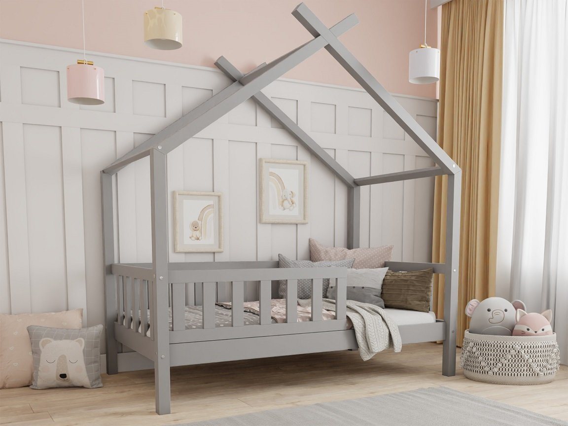 Deine Möbel 24 Hausbett Kinderbett STAR PLUS für 1 Kind Weiß Grau Kiefer Natur (80x180 90x200 120x200 140x200 Bett für Kinder Komplettbett mit abnehmbarem Rausfallschutz Schutzgitter, Matratze optional), aus Kiefernholz Vollholz Massivholz, inkl. Lattenrost von Deine Möbel 24