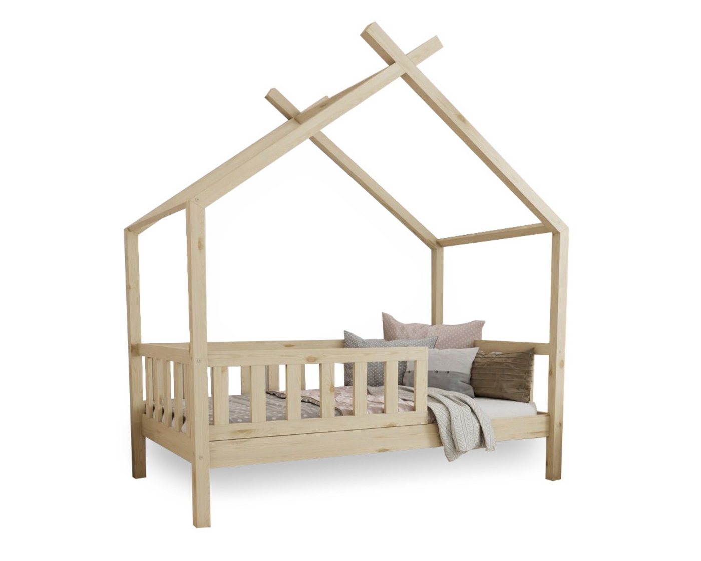 Deine Möbel 24 Hausbett Kinderbett STAR PLUS für 1 Kind Weiß Grau Kiefer Natur (80x180 90x200 120x200 140x200 Bett für Kinder Komplettbett mit abnehmbarem Rausfallschutz Schutzgitter, Matratze optional), aus Kiefernholz Vollholz Massivholz, inkl. Lattenrost von Deine Möbel 24