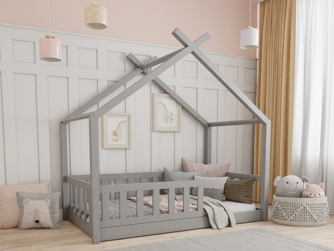 Deine Möbel 24 Hausbett Kinderbett STAR PLUS für 1 Kind Weiß Grau Kiefer Natur (80x180 90x200 120x200 140x200 Bett für Kinder Komplettbett mit abnehmbarem Rausfallschutz Schutzgitter, Matratze optional), aus Kiefernholz Vollholz Massivholz, inkl. Lattenrost von Deine Möbel 24