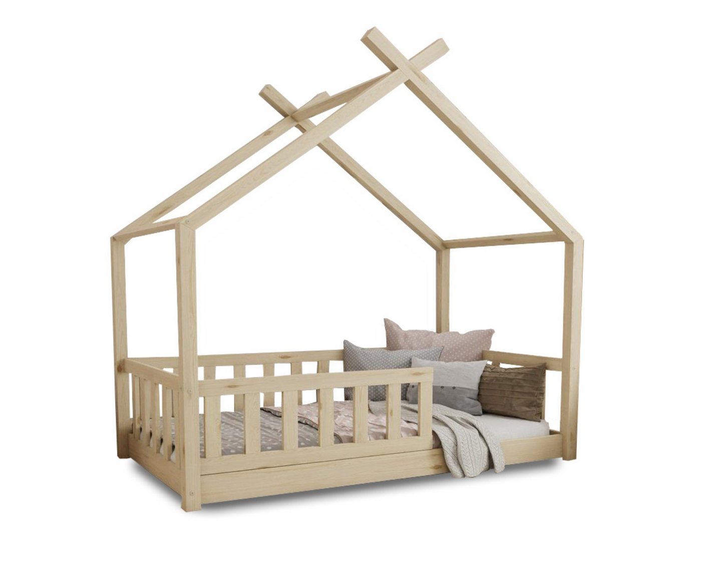 Deine Möbel 24 Hausbett Kinderbett STAR PLUS für 1 Kind Weiß Grau Kiefer Natur (80x180 90x200 120x200 140x200 Bett für Kinder Komplettbett mit abnehmbarem Rausfallschutz Schutzgitter, Matratze optional), aus Kiefernholz Vollholz Massivholz, inkl. Lattenrost von Deine Möbel 24