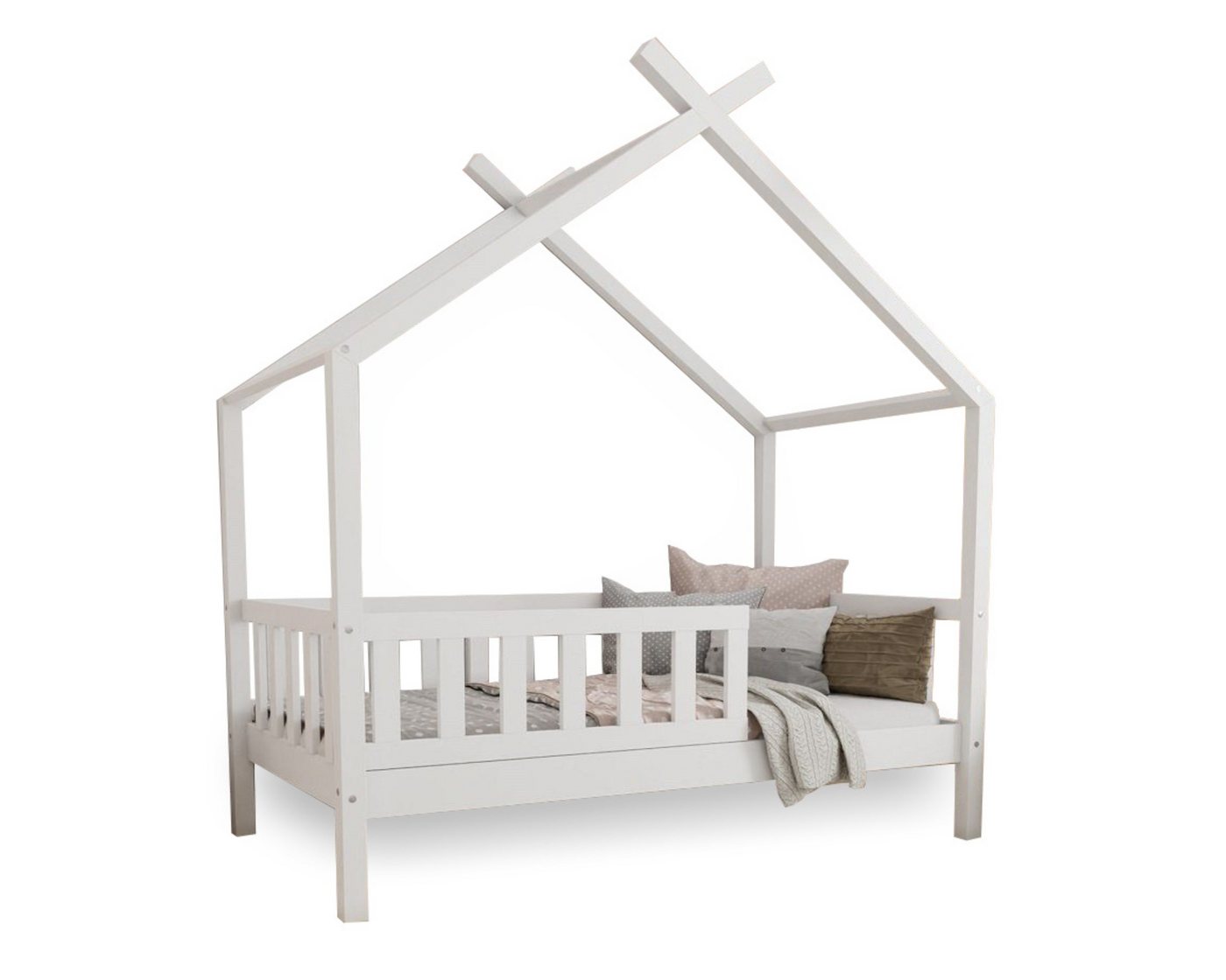 Deine Möbel 24 Hausbett Kinderbett STAR PLUS für 1 Kind Weiß Grau Kiefer Natur (80x180 90x200 120x200 140x200 Bett für Kinder Komplettbett mit abnehmbarem Rausfallschutz Schutzgitter, Matratze optional), aus Kiefernholz Vollholz Massivholz, inkl. Lattenrost von Deine Möbel 24