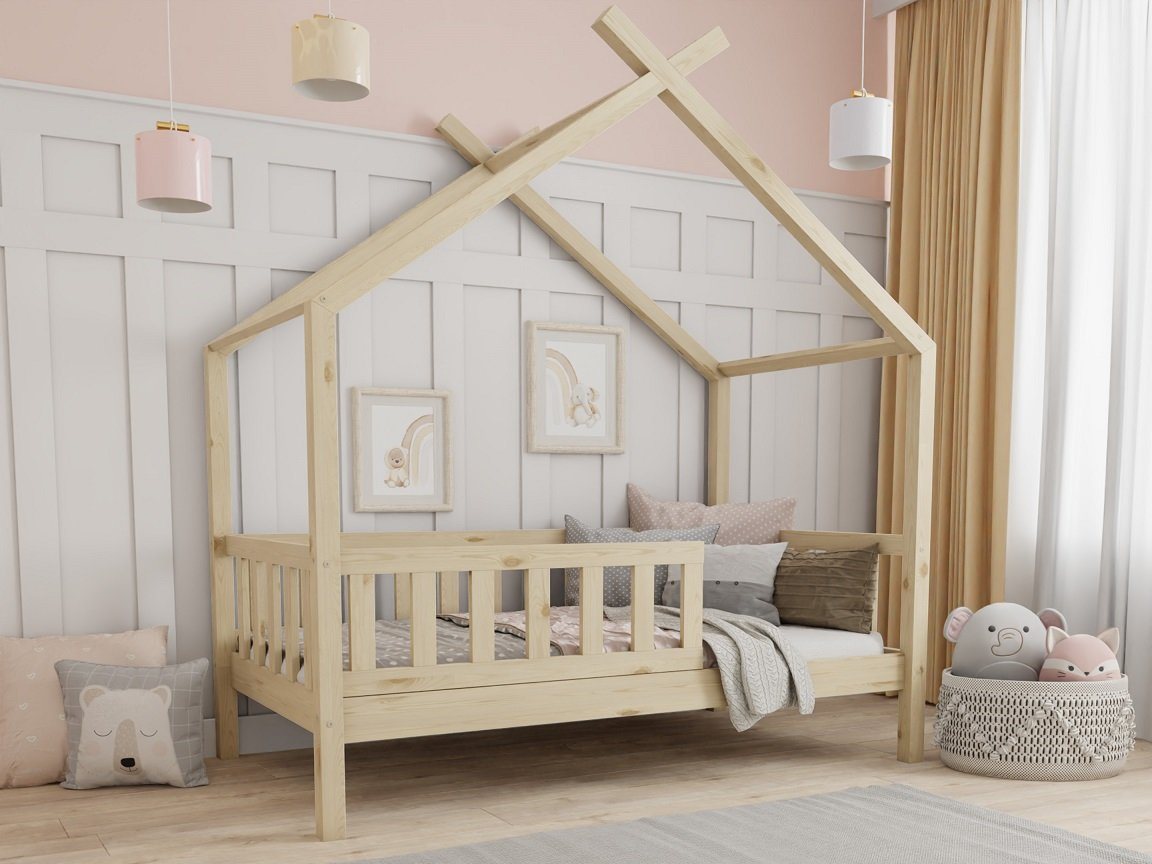 Deine Möbel 24 Hausbett Kinderbett STAR PLUS für 1 Kind Weiß Grau Kiefer Natur (80x180 90x200 120x200 140x200 Bett für Kinder Komplettbett mit abnehmbarem Rausfallschutz Schutzgitter, Matratze optional), aus Kiefernholz Vollholz Massivholz, inkl. Lattenrost von Deine Möbel 24