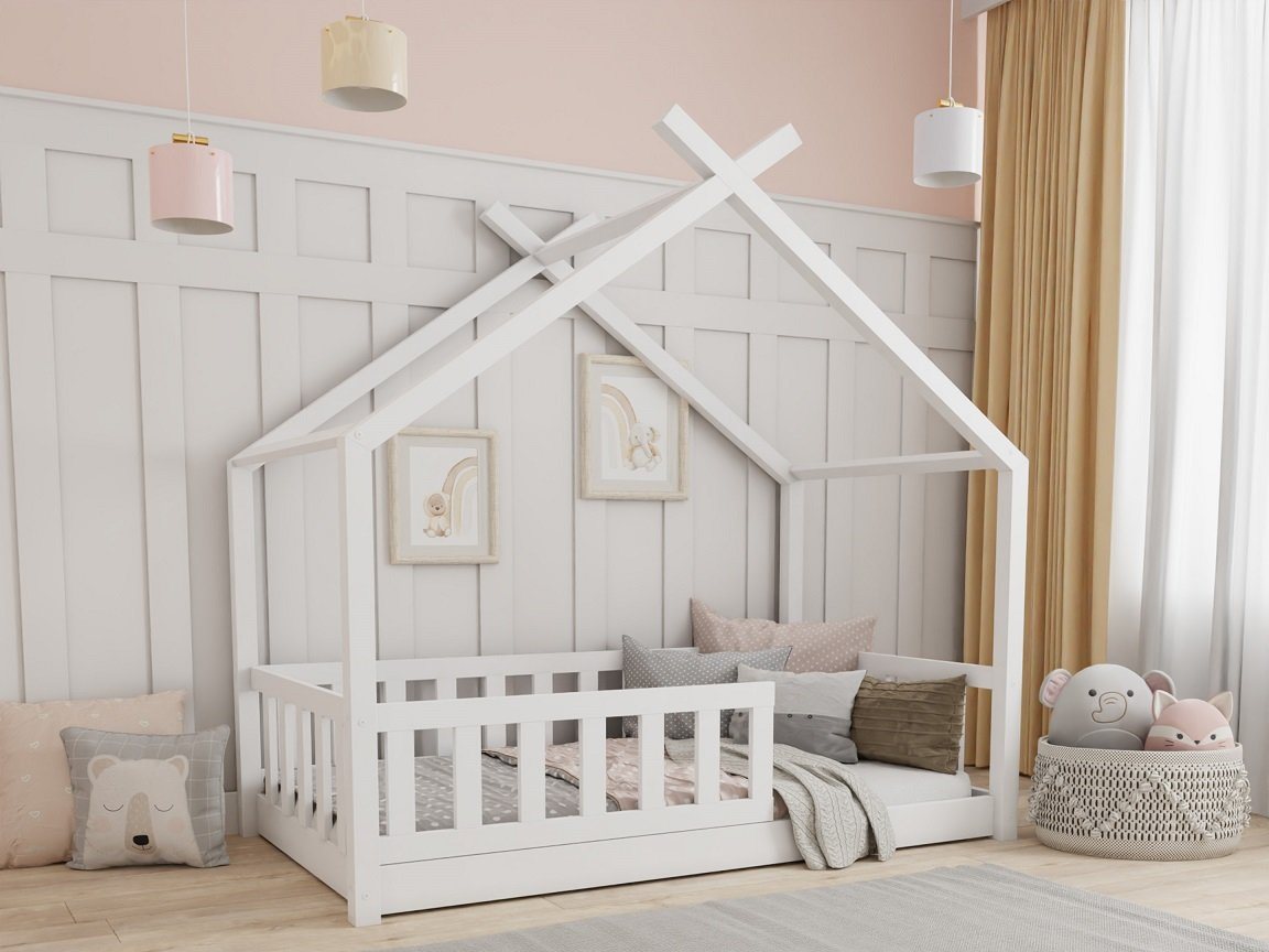 Deine Möbel 24 Hausbett Kinderbett STAR PLUS für 1 Kind Weiß Grau Kiefer Natur (80x180 90x200 120x200 140x200 Bett für Kinder Komplettbett mit abnehmbarem Rausfallschutz Schutzgitter, Matratze optional), aus Kiefernholz Vollholz Massivholz, inkl. Lattenrost von Deine Möbel 24