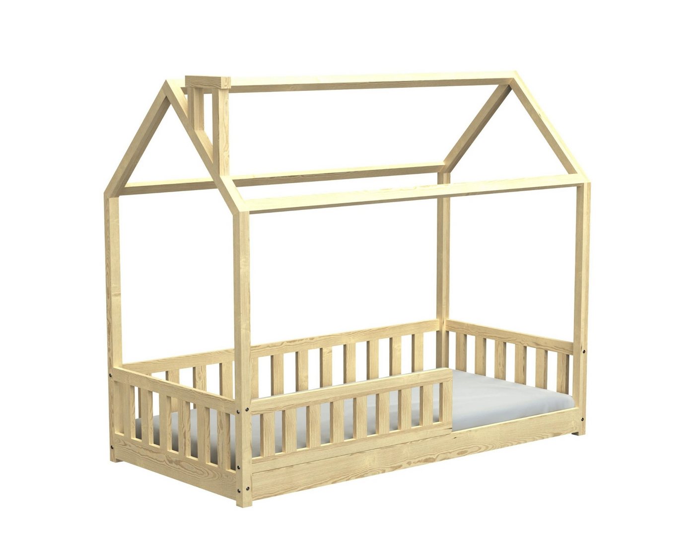 Deine Möbel 24 Hausbett Kinderbett für 1 Kind ROSI 140x200 in Weiß Grau Kiefer (Einzelbett Komplettbett Matratzen optional inkl. Lattenrost Jugendbett aus Massivholz Vollholz, inkl. Absturzsicherung abnehmbar oder festmontiert), mit abnehmbarem / festem Rausfallschutz von Deine Möbel 24