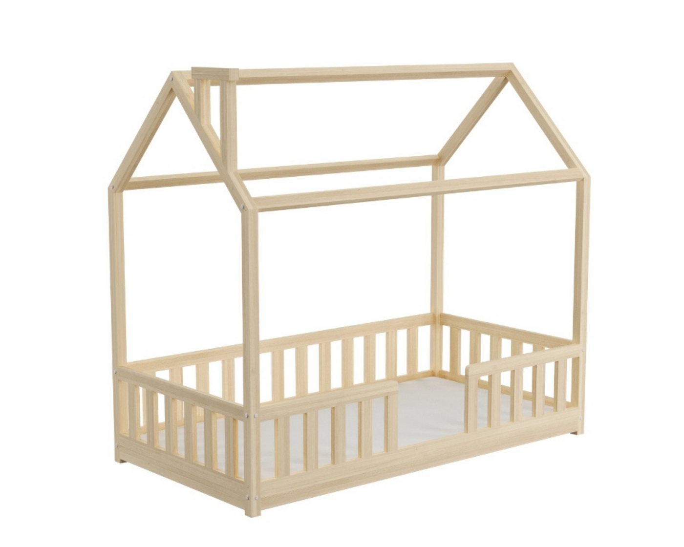 Deine Möbel 24 Hausbett Kinderbett für 1 Kind ROSI 140x200 in Weiß Grau Kiefer (Einzelbett Komplettbett Matratzen optional inkl. Lattenrost Jugendbett aus Massivholz Vollholz, inkl. Absturzsicherung abnehmbar oder festmontiert), mit abnehmbarem / festem Rausfallschutz von Deine Möbel 24