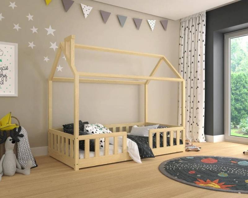 Deine Möbel 24 Hausbett Kinderbett für 1 Kind ROSI 140x200 in Weiß Grau Kiefer (Einzelbett Komplettbett Matratzen optional inkl. Lattenrost Jugendbett aus Massivholz Vollholz, inkl. Absturzsicherung abnehmbar oder festmontiert), mit abnehmbarem / festem Rausfallschutz von Deine Möbel 24