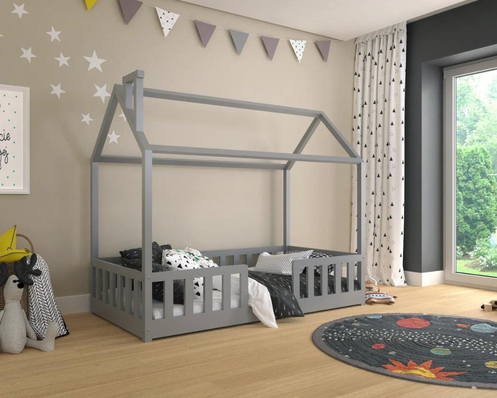 Deine Möbel 24 Hausbett Kinderbett für 1 Kind ROSI 140x200 in Weiß Grau Kiefer (Einzelbett Komplettbett Matratzen optional inkl. Lattenrost Jugendbett aus Massivholz Vollholz, inkl. Absturzsicherung abnehmbar oder festmontiert), mit abnehmbarem / festem Rausfallschutz von Deine Möbel 24