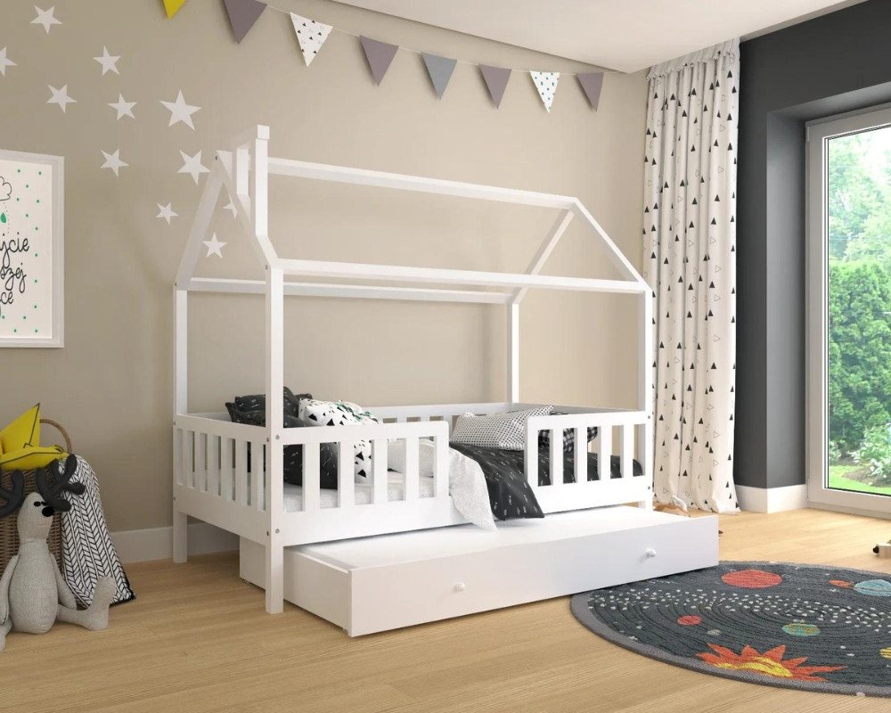 Deine Möbel 24 Hausbett Kinderbett für 2 Kinder ROSI 120x200 Weiss Grau Kiefer (inkl Schutzgitter Rausfallschutz Matratzen optional), aus Massivholz, Vollholz, massiv, Bett für 2 Kinder, inkl. Lattenrost von Deine Möbel 24