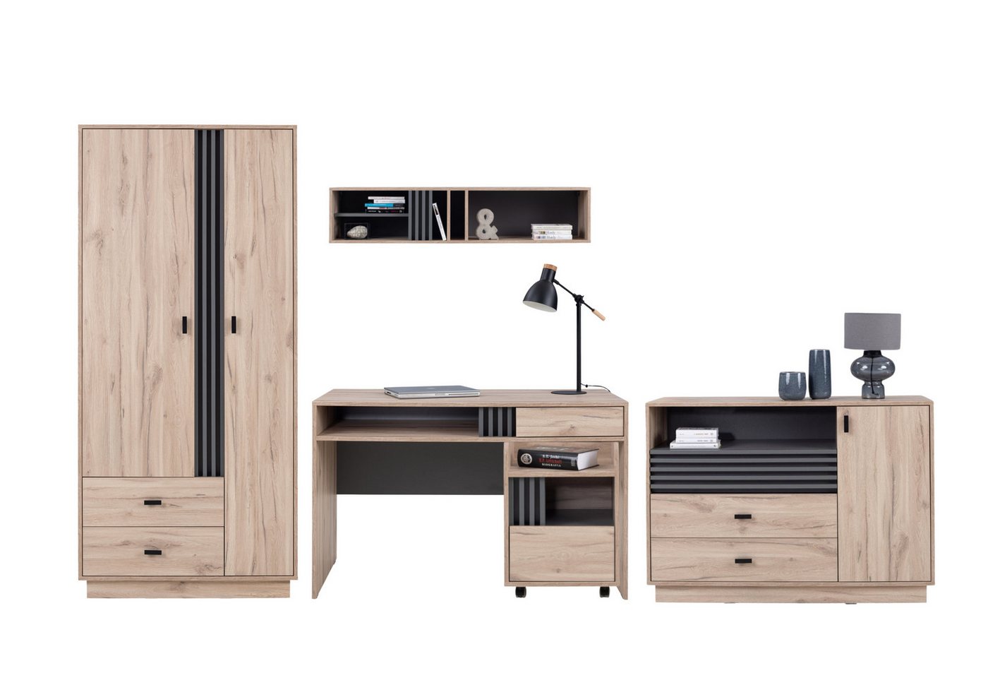 Deine Möbel 24 Jugendzimmer-Set ALL I Kinderzimmer Set Kindermöbel 5-teilig, (Set, 5-tlg., Hochwertige Laminatplatte), Kleiderschrank Kommode Schreibtisch Hängeregal von Deine Möbel 24