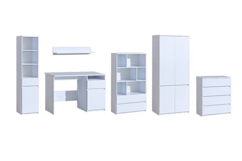 Deine Möbel 24 Jugendzimmer-Set ARCO A Kinderzimmer-Set Kindermöbel Jugendmöbel, (Set, 6-tlg., Kleiderschrank Kommode Schreibtisch Regal Hochkommode Hängeregal), 1+3+7+5+4+8 Weiß Matt von Deine Möbel 24