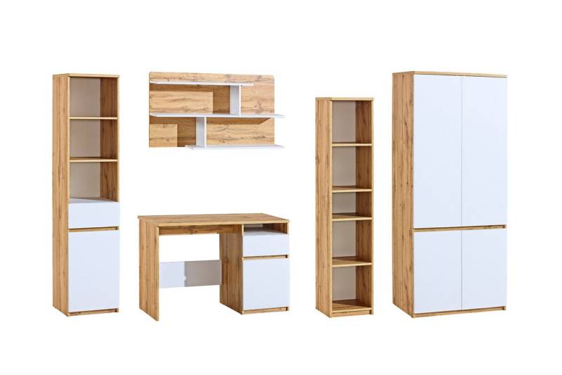 Deine Möbel 24 Jugendzimmer-Set ARCO B Kinderzimmer-Set Kindermöbel Jugendmöbel Kinderzimmer, (Set, 5-tlg., Regal Kleiderschrank Hängeregal Schreibtisch Bett optional), 3+7+11+12+1+9 (Bett optional) Weiß Matt Eiche Wotan von Deine Möbel 24