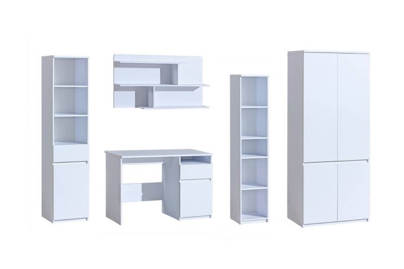 Deine Möbel 24 Jugendzimmer-Set ARCO B Kinderzimmer-Set Kindermöbel Jugendmöbel Kinderzimmer, (Set, 5-tlg., Regal Kleiderschrank Hängeregal Schreibtisch Bett optional), 3+7+11+12+1+9 (Bett optional) Weiß Matt Eiche Wotan von Deine Möbel 24