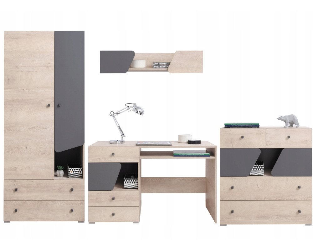 Deine Möbel 24 Jugendzimmer-Set DARLA I Kinderzimmer-Set Komplett PREMIUM, (3 + 12 + 9 +10, 4-tlg., Natur Eiche Grau), Kleiderschrank 2-türig Kommode Sideboard Schreibtisch Hängeregal von Deine Möbel 24