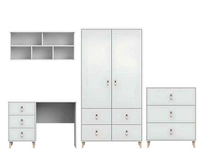 Deine Möbel 24 Jugendzimmer-Set FAGOT 1 Jugendzimmer Jugendmöbel Kinderzimmer komplett 4-teilig, (Set, 4-tlg., 9 + 8 + 6 + 2), Kleiderschrank Schreibtisch Hängeregal Kommode in Weiß Scandi-Still von Deine Möbel 24