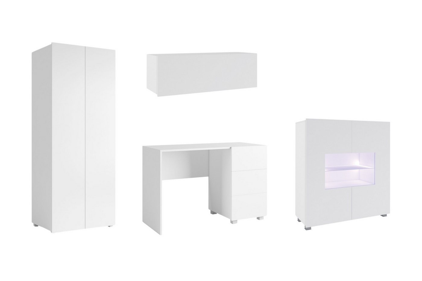 Deine Möbel 24 Jugendzimmer-Set FLEXY - Young 4-teilig in Weiß / Schwarz / Eiche Gold, (Kindermöbel - Set, 4-tlg., Kleiderschrank, Kommode, Schraibtisch, Wandregal), Kinderzimmer Wahlweise LED-Beleuchtung in Weiß oder Blau integriert von Deine Möbel 24