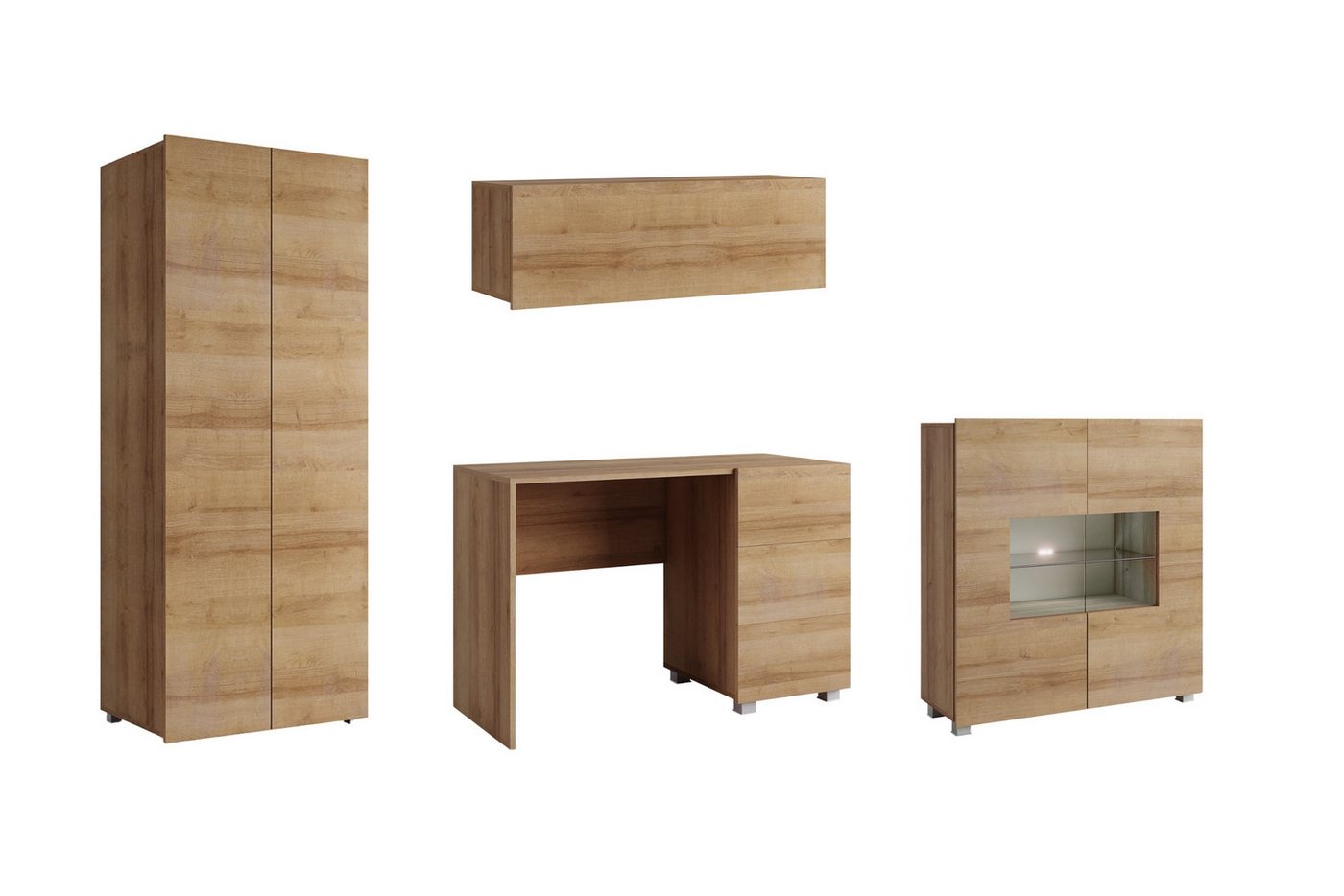Deine Möbel 24 Jugendzimmer-Set FLEXY - Young 4-teilig in Weiß / Schwarz / Eiche Gold, (Kindermöbel - Set, 4-tlg., Kleiderschrank, Kommode, Schraibtisch, Wandregal), Kinderzimmer Wahlweise LED-Beleuchtung in Weiß oder Blau integriert von Deine Möbel 24