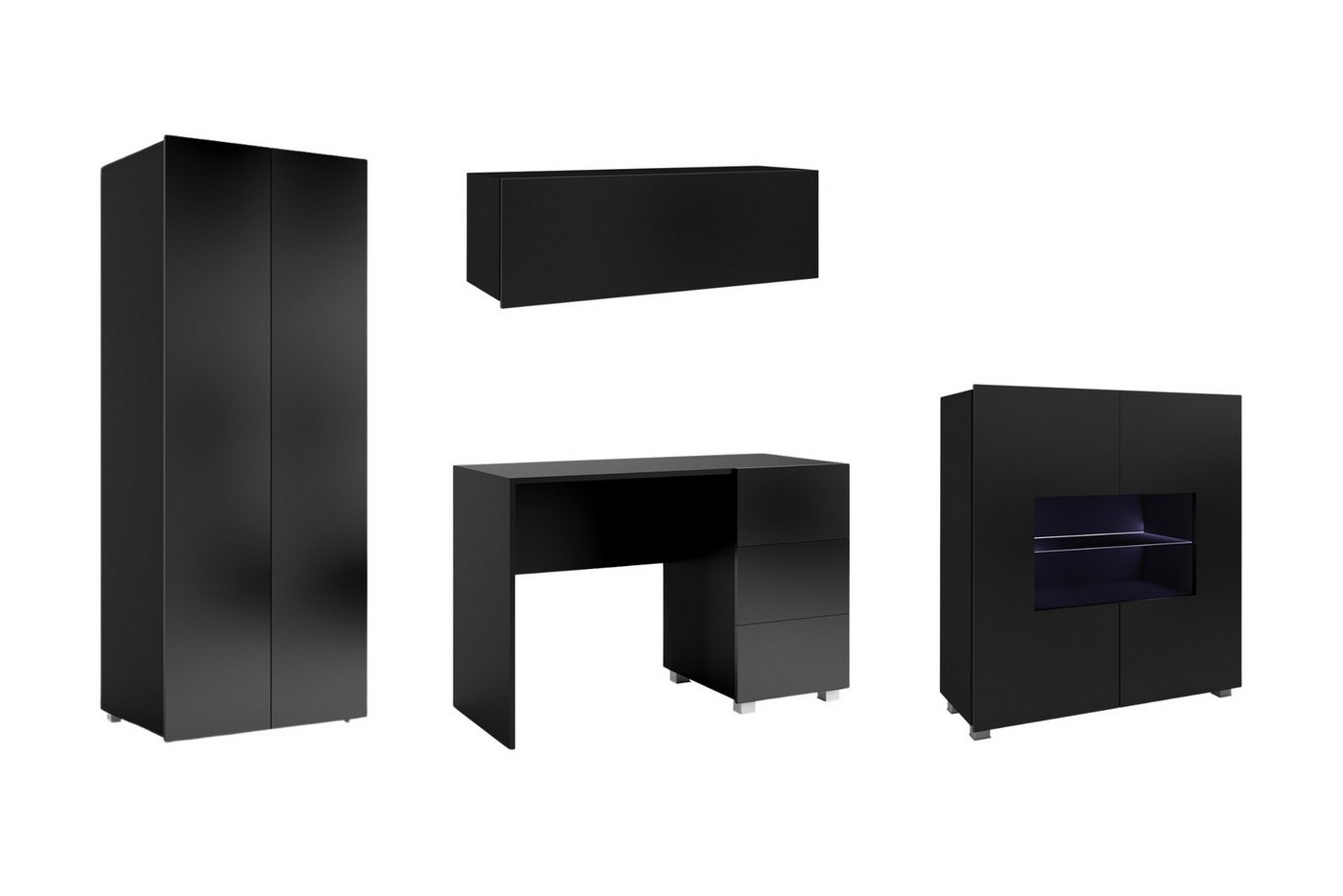 Deine Möbel 24 Jugendzimmer-Set FLEXY - Young 4-teilig in Weiß / Schwarz / Eiche Gold, (Kindermöbel - Set, 4-tlg., Kleiderschrank, Kommode, Schraibtisch, Wandregal), Kinderzimmer Wahlweise LED-Beleuchtung in Weiß oder Blau integriert von Deine Möbel 24