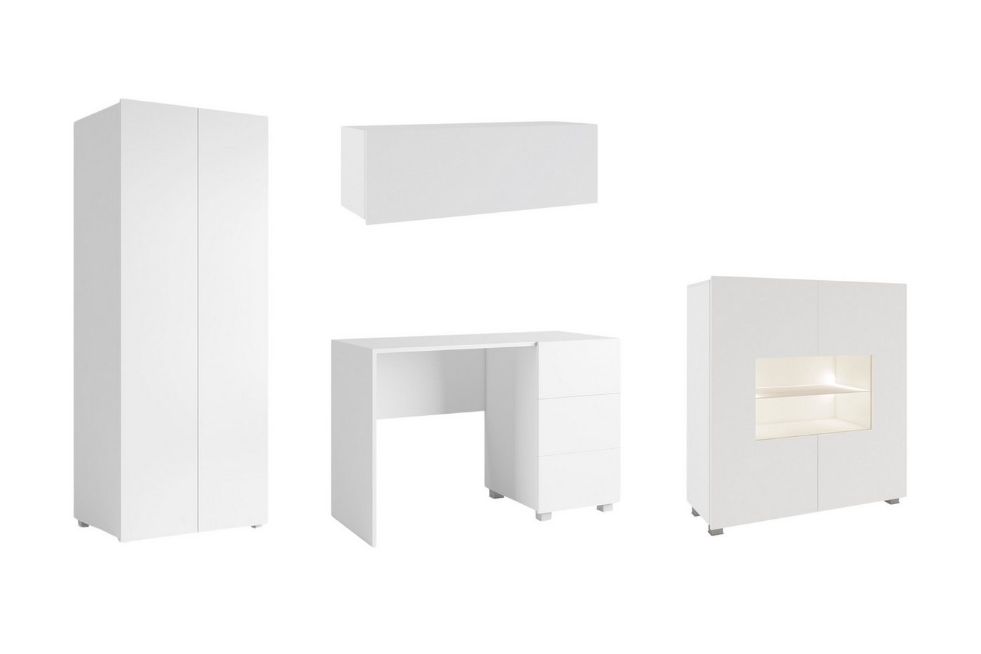 Deine Möbel 24 Jugendzimmer-Set FLEXY - Young 4-teilig in Weiß / Schwarz / Eiche Gold, (Kindermöbel - Set, 4-tlg., Kleiderschrank, Kommode, Schraibtisch, Wandregal), Kinderzimmer Wahlweise LED-Beleuchtung in Weiß oder Blau integriert von Deine Möbel 24