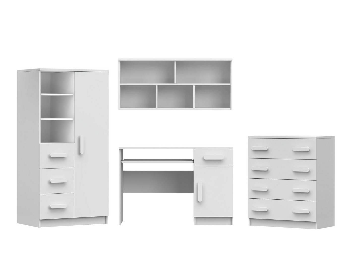 Deine Möbel 24 Jugendzimmer-Set INGE II Jugendzimmer Jugendmöbel Kinderzimmer komplett 4-teilig, (Set, 4-St., Schreibtisch Regal Hängeregal Kommode), Kinderzimmer Set Weiß Griffe Rosa Blau Grün Grau aus Laminatplatte von Deine Möbel 24