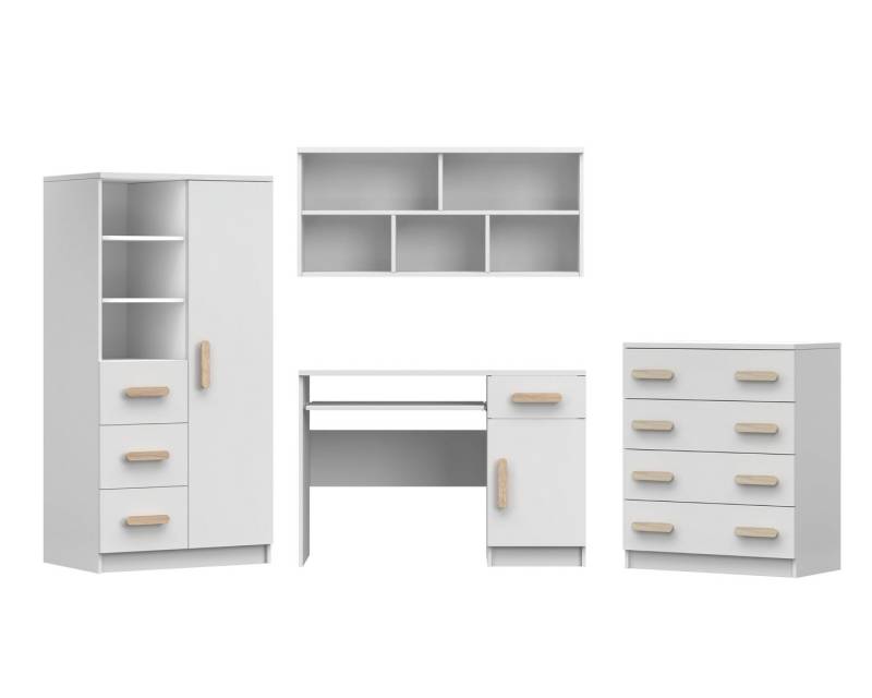 Deine Möbel 24 Jugendzimmer-Set INGE II Jugendzimmer Jugendmöbel Kinderzimmer komplett 4-teilig, (Set, 4-St., Schreibtisch Regal Hängeregal Kommode), Kinderzimmer Set Weiß Griffe Rosa Blau Grün Grau aus Laminatplatte von Deine Möbel 24