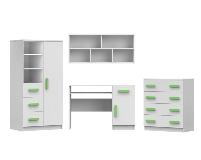 Deine Möbel 24 Jugendzimmer-Set INGE II Jugendzimmer Jugendmöbel Kinderzimmer komplett 4-teilig, (Set, 4-St., Schreibtisch Regal Hängeregal Kommode), Kinderzimmer Set Weiß Griffe Rosa Blau Grün Grau aus Laminatplatte von Deine Möbel 24