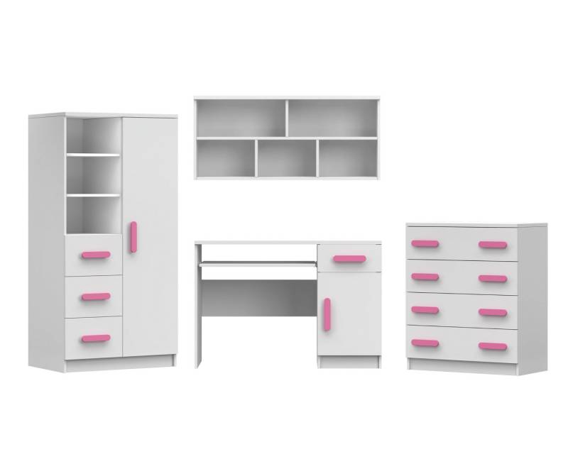 Deine Möbel 24 Jugendzimmer-Set INGE II Jugendzimmer Jugendmöbel Kinderzimmer komplett 4-teilig, (Set, 4-St., Schreibtisch Regal Hängeregal Kommode), Kinderzimmer Set Weiß Griffe Rosa Blau Grün Grau aus Laminatplatte von Deine Möbel 24