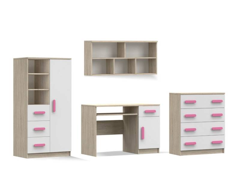 Deine Möbel 24 Jugendzimmer-Set INGE II in Weiß / Weiß + Grau / Weiß + Eiche Sonoma , 4-teilig, (Set, 4-tlg., Schreibtisch Regal Hängeregal Kommode), Kinderzimmer Set Weiß Griffe Rosa Blau Grün Grau aus Laminatplatte von Deine Möbel 24