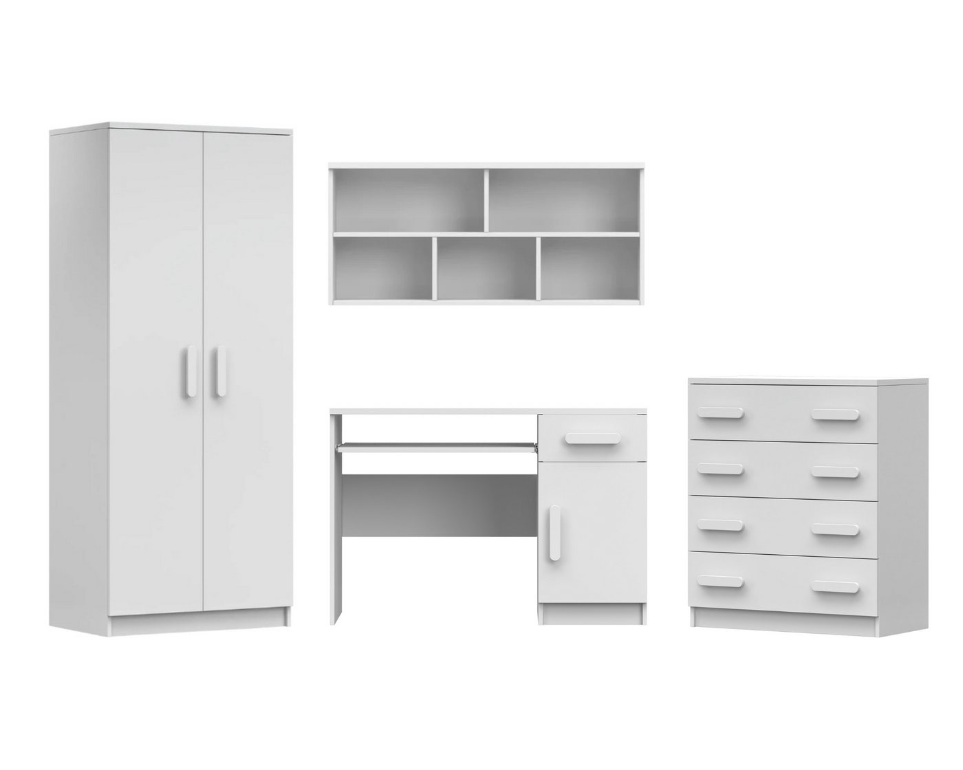 Deine Möbel 24 Jugendzimmer-Set INGE III Jugendzimmer Jugendmöbel Kinderzimmer komplett 4-teilig, (Kleiderschrank Kommode Wandregal Schreibtisch, 4-St., Sonoma Eiche Grau), Kinderzimmer Set Weiß Griffe Rosa Blau Grün Grau aus Laminatplatte von Deine Möbel 24