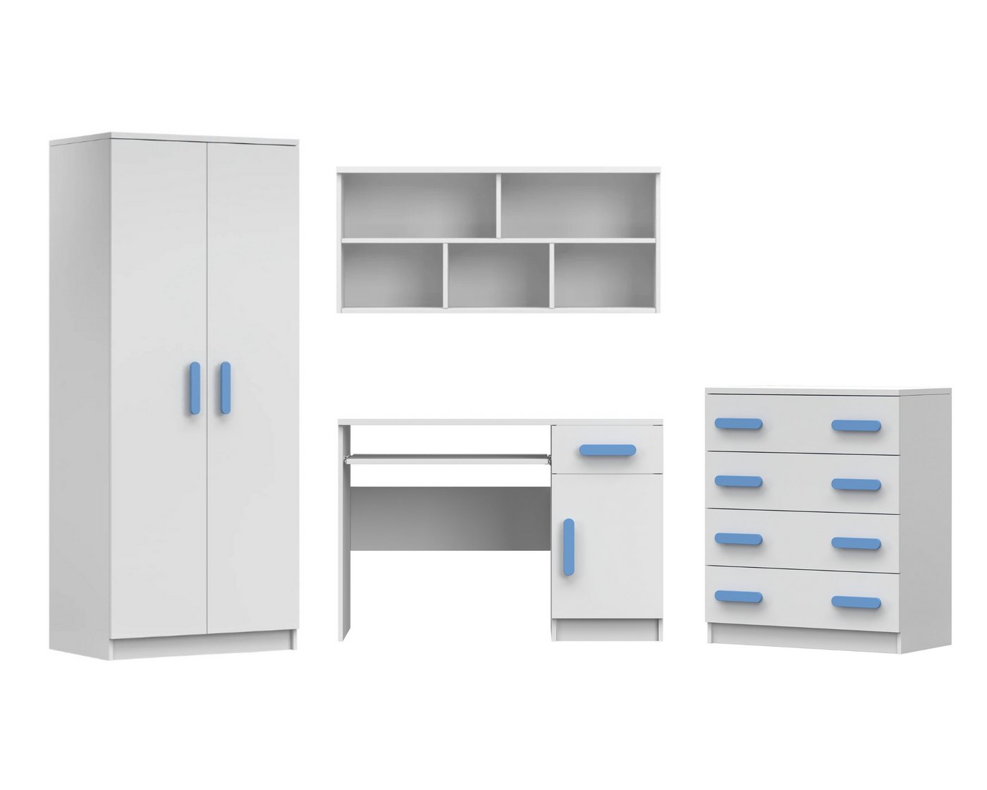 Deine Möbel 24 Jugendzimmer-Set INGE III Jugendzimmer Jugendmöbel Kinderzimmer komplett 4-teilig, (Kleiderschrank Kommode Wandregal Schreibtisch, 4-St., Sonoma Eiche Grau), Kinderzimmer Set Weiß Griffe Rosa Blau Grün Grau aus Laminatplatte von Deine Möbel 24