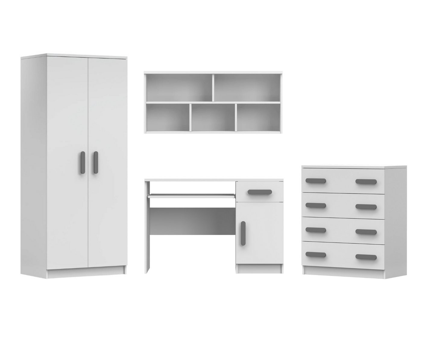 Deine Möbel 24 Jugendzimmer-Set INGE III Jugendzimmer Jugendmöbel Kinderzimmer komplett 4-teilig, (Kleiderschrank Kommode Wandregal Schreibtisch, 4-St., Sonoma Eiche Grau), Kinderzimmer Set Weiß Griffe Rosa Blau Grün Grau aus Laminatplatte von Deine Möbel 24