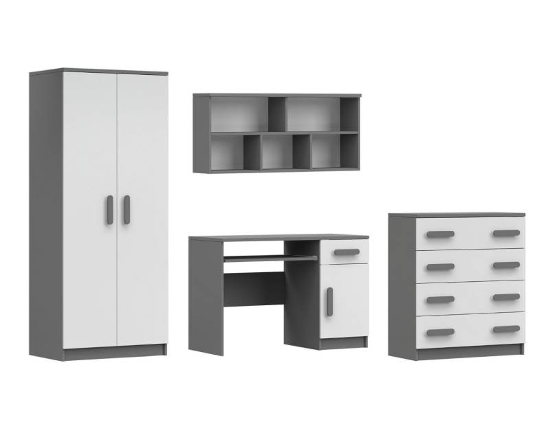 Deine Möbel 24 Jugendzimmer-Set INGE III in Weiß / Weiß + Grau / Weiß + Eiche Sonoma , 4-teilig, (Kleiderschrank Kommode Wandregal Schreibtisch, 4-tlg., Sonoma Eiche Grau), Kinderzimmer Set Weiß Griffe Rosa Blau Grün Grau aus Laminatplatte von Deine Möbel 24