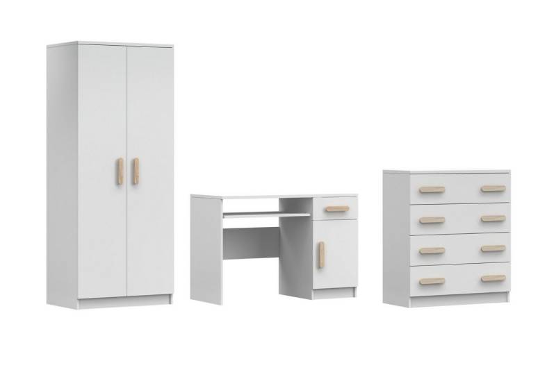 Deine Möbel 24 Jugendzimmer-Set INGE V in Weiß / Weiß + Grau / Weiß + Eiche Sonoma , 3-teilig, (3-tlg), Kinderzimmer Set Weiß Griffe Rosa Blau Grün Grau aus Laminatplatte von Deine Möbel 24