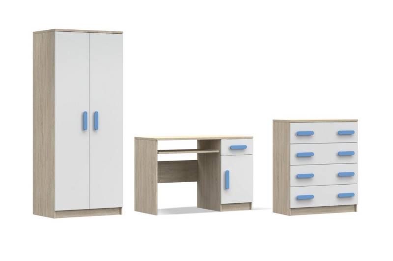 Deine Möbel 24 Jugendzimmer-Set INGE V in Weiß / Weiß + Grau / Weiß + Eiche Sonoma , 3-teilig, (3-tlg), Kinderzimmer Set Weiß Griffe Rosa Blau Grün Grau aus Laminatplatte von Deine Möbel 24