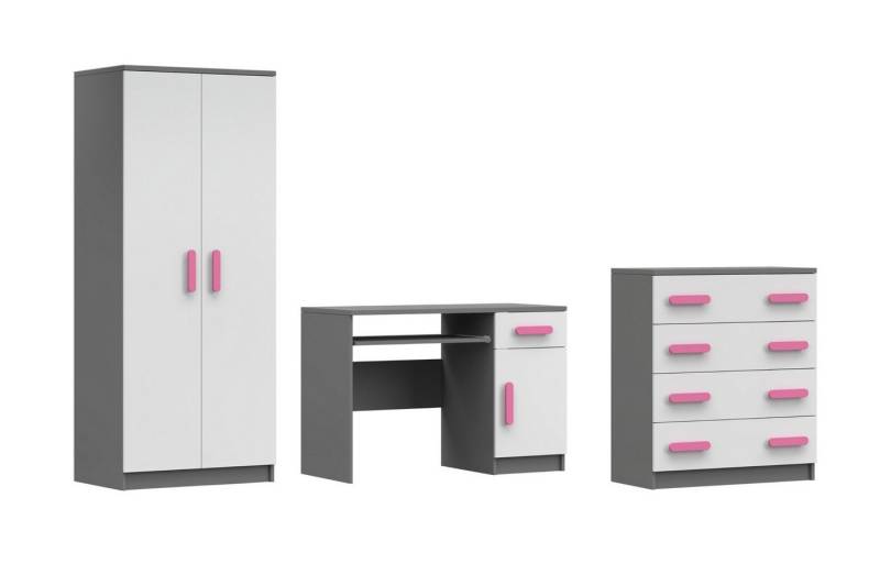Deine Möbel 24 Jugendzimmer-Set INGE V in Weiß / Weiß + Grau / Weiß + Eiche Sonoma , 3-teilig, (3-tlg), Kinderzimmer Set Weiß Griffe Rosa Blau Grün Grau aus Laminatplatte von Deine Möbel 24