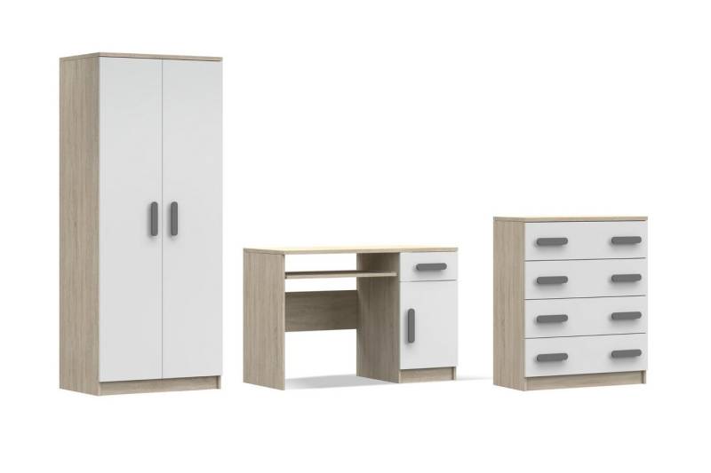 Deine Möbel 24 Jugendzimmer-Set INGE V in Weiß / Weiß + Grau / Weiß + Eiche Sonoma , 3-teilig, (3-tlg), Kinderzimmer Set Weiß Griffe Rosa Blau Grün Grau aus Laminatplatte von Deine Möbel 24