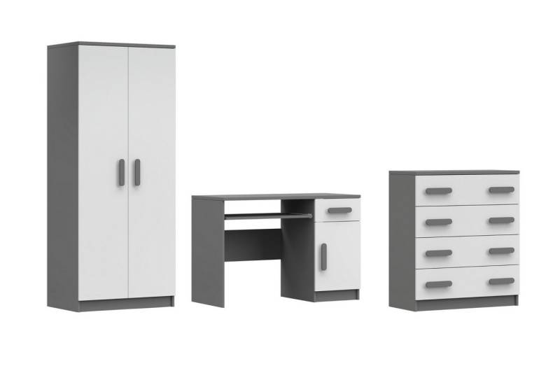 Deine Möbel 24 Jugendzimmer-Set INGE V in Weiß / Weiß + Grau / Weiß + Eiche Sonoma , 3-teilig, (3-tlg), Kinderzimmer Set Weiß Griffe Rosa Blau Grün Grau aus Laminatplatte von Deine Möbel 24