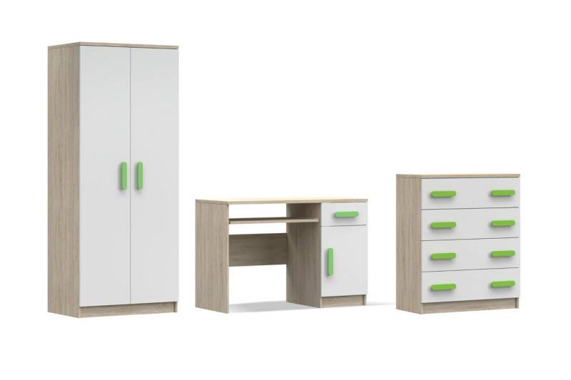 Deine Möbel 24 Jugendzimmer-Set INGE V in Weiß / Weiß + Grau / Weiß + Eiche Sonoma , 3-teilig, (3-tlg), Kinderzimmer Set Weiß Griffe Rosa Blau Grün Grau aus Laminatplatte von Deine Möbel 24
