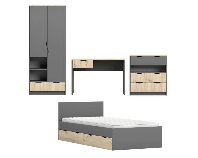 Deine Möbel 24 Jugendzimmer-Set JUMI I Jugendzimmer Jugendmöbel 4-teilig in Grau + Eiche Artisan, (4-tlg), Jugendbett, Schreibtisch, Kleiderschrank, Kommode von Deine Möbel 24