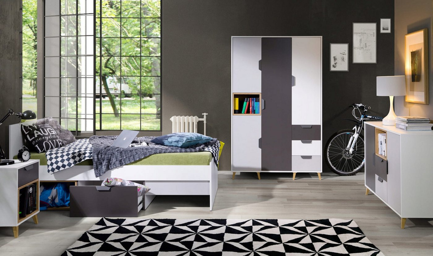 Deine Möbel 24 Jugendzimmer-Set JUSTIN 1 Jugendzimmer Jugendmöbel Kinderzimmer Set komplett 4-teilig, (Set (11 + 15 + 1 + 8), 4-tlg., Weiß / Graphit / Grau / Eiche), bestehend aus Kleiderschrank, Jugendbett 90x200, Kommode, Nachttisch von Deine Möbel 24