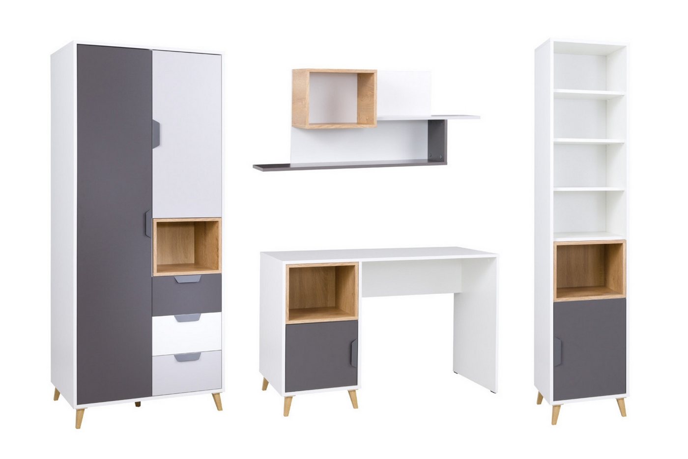 Deine Möbel 24 Jugendzimmer-Set JUSTIN 4 Jugendzimmer Jugendmöbel Kinderzimmer Set komplett 4-teilig, (Set (2 + 14 + 12 + 4), 4-tlg., Weiß / Graphit / Grau / Eiche), bestehend aus Kleiderschrank, Hängeregal, Schreibtisch, Regal von Deine Möbel 24